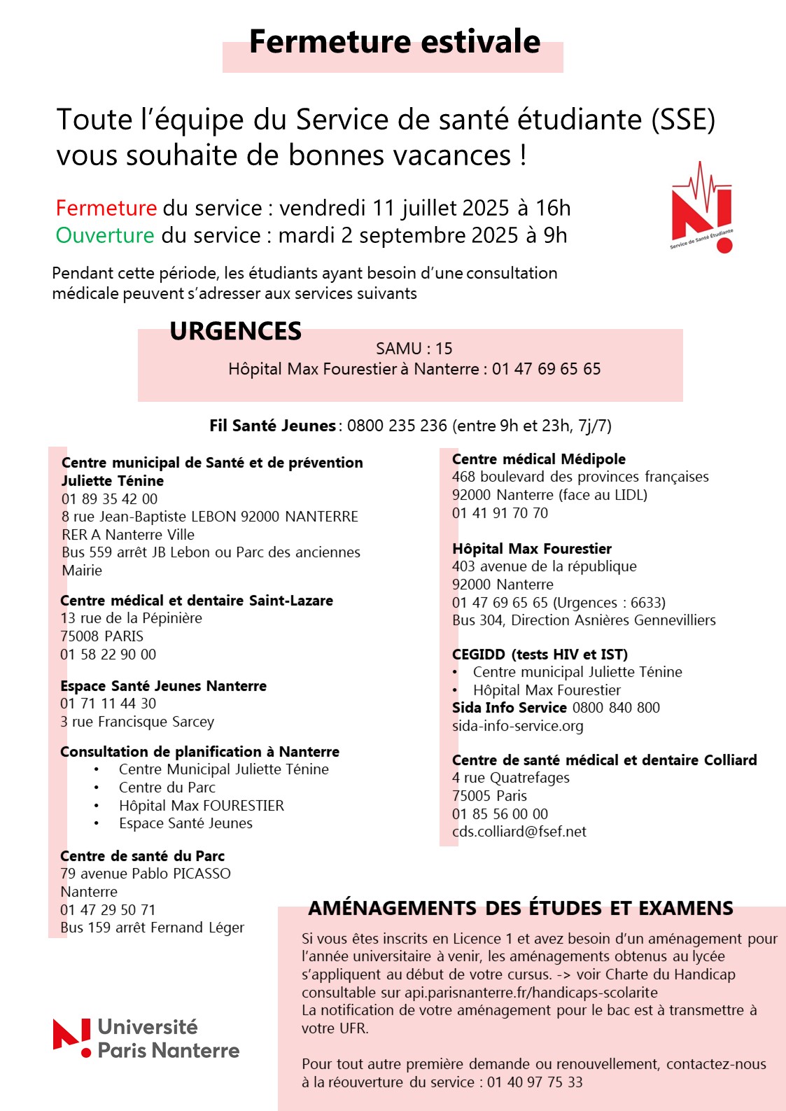 Fermeture estivale SSE